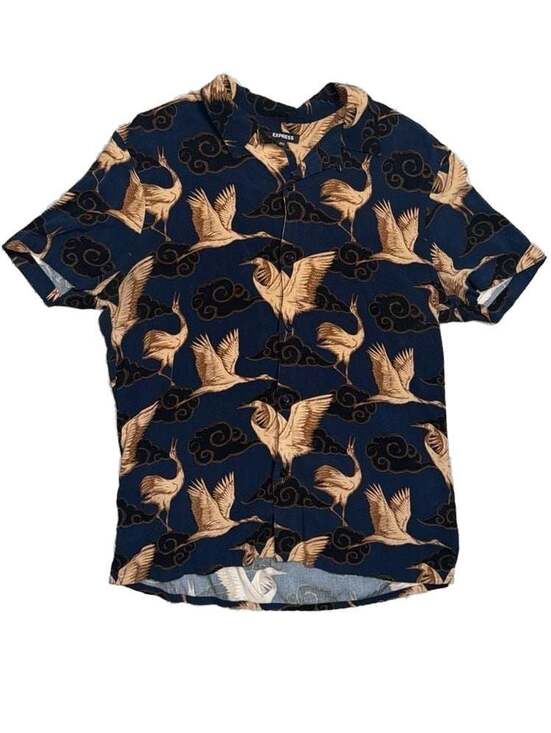 Express Other - Express Men's Navy Crane and Cloud Print Short Sleeve Camp Shirt Size Medium